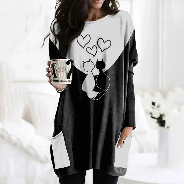 Vefave Casual Colorblock Love Cat Print Tunic