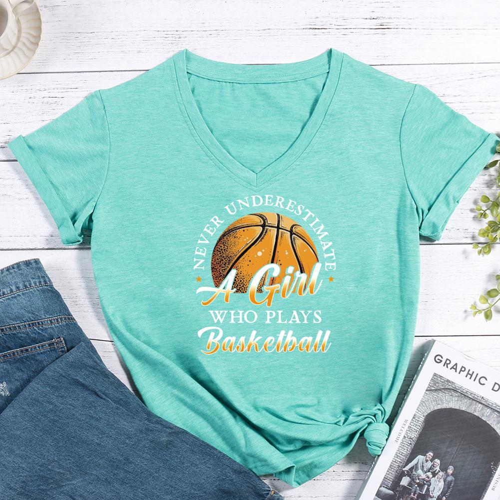 Never Underestimate A Girl Who Plays Basketball V-neck T Shirt-Guru-buzz
