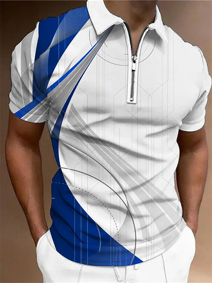 Men's Polo Shirt Golf Shirt Linear Turndown Yellow Army Green Red Royal Blue Blue 3D Print Casual Daily Short Sleeve Zipper Print Clothing Apparel Fashion Designer Casual Breathable-JRSEE