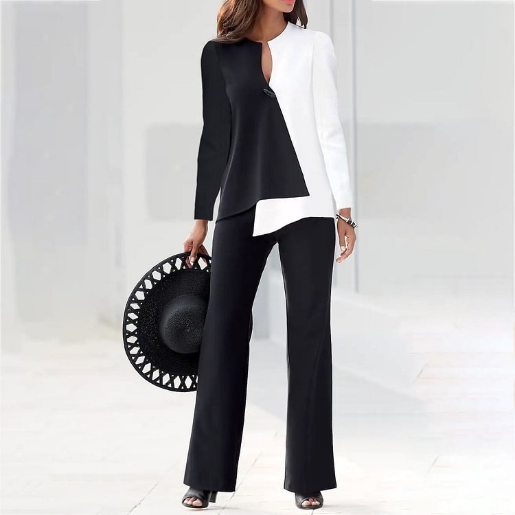 VChics Elegant Long Sleeve Color Block Two-piece Set