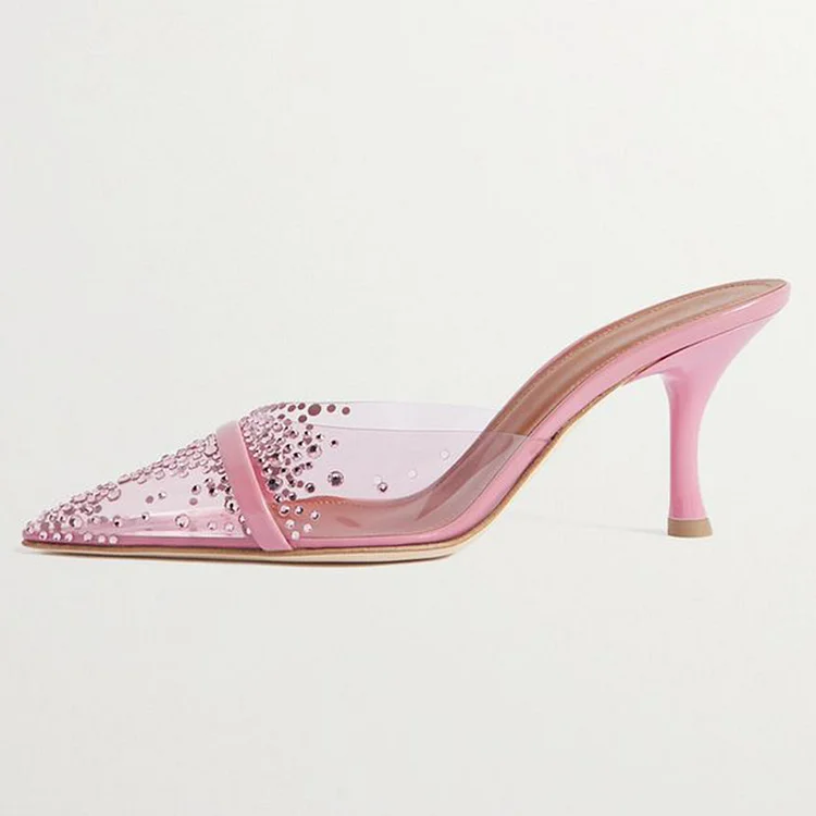 Elegant Pink Pointed Toe Clear Upper Rhinestone Mule Heels |FSJ Shoes