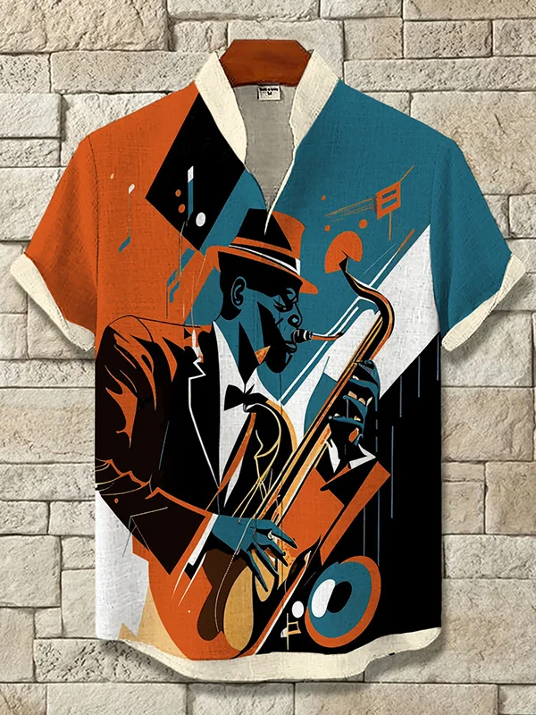 Men's Vintage Gentleman Playing Saxophone Jazz Music Print Casual Linen Blend Shirt