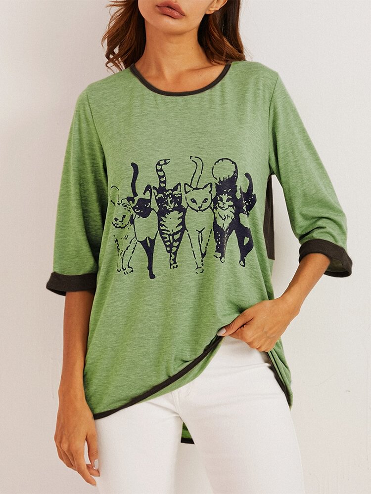Cat Print Patchwork Half Sleeve T shirt For Women P1662802