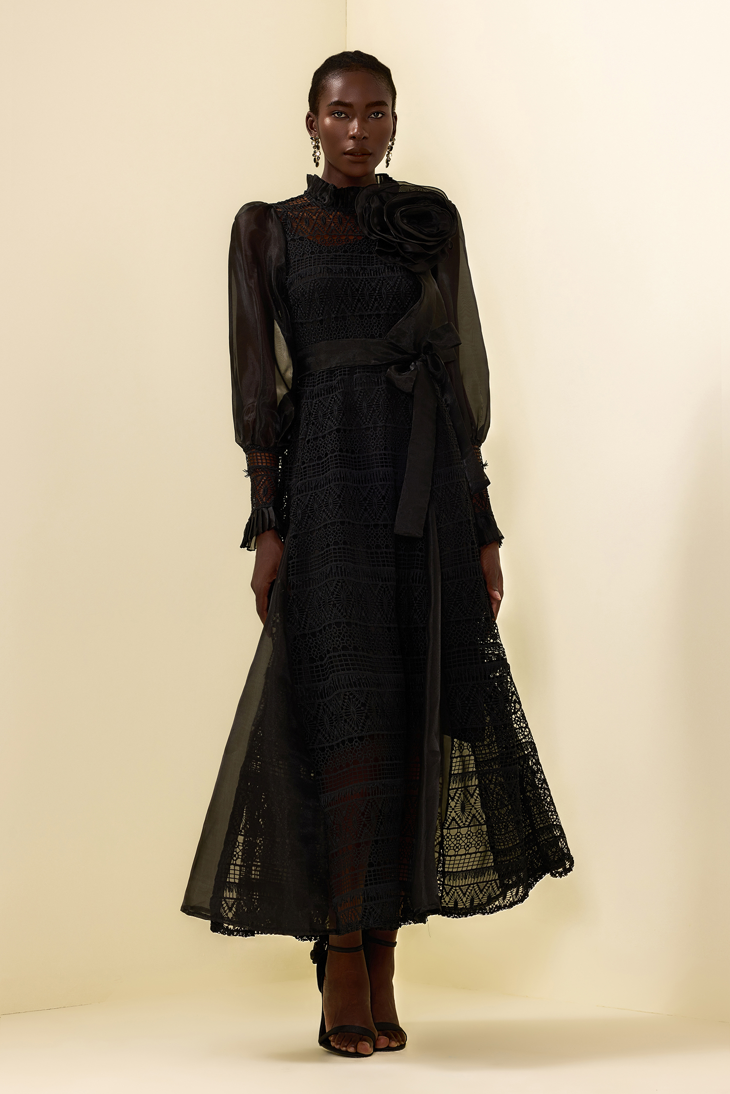 3d Floral Sleeve Midi Dress Black