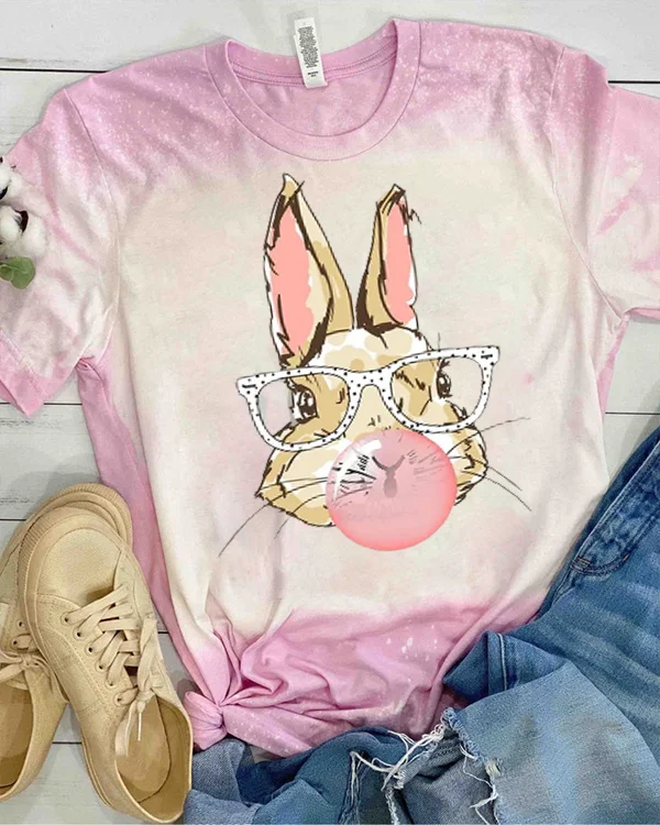 Cute Bunny With Glasses Bubblegum Print V Neck T-shirt