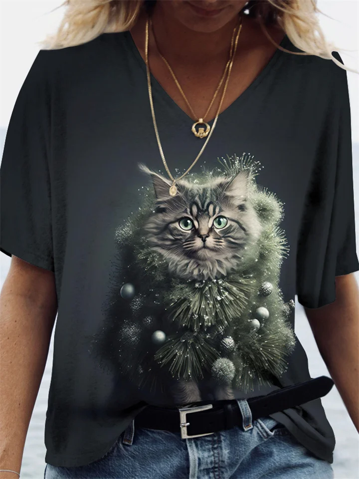 Women's Summer Hot 3D Printing Cat V-neck Women's T-shirt Loose Casual Temperament T-shirt-Cosfine