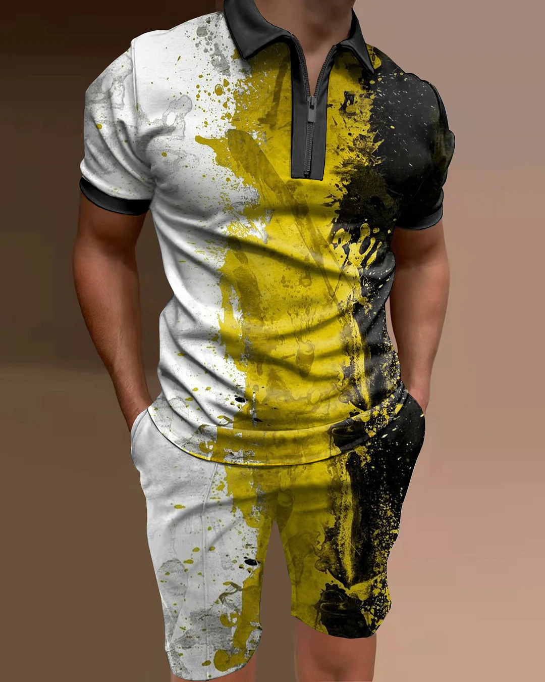 Men's polo shirt colorblock print two piece set