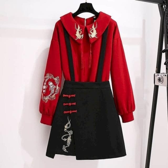 Popular Embroidery Golden Koi Fish Red Blouse and Black Skirt Set SP16001