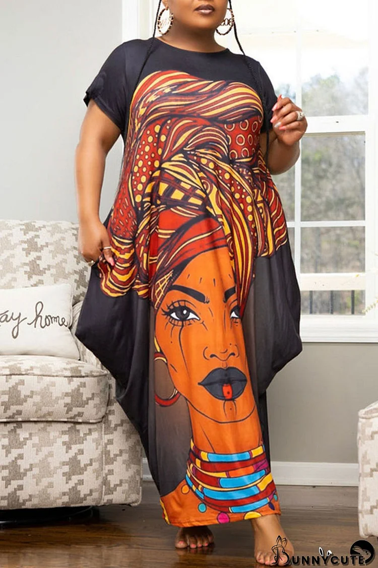 Black Casual Print Patchwork O Neck Plus Size Dresses