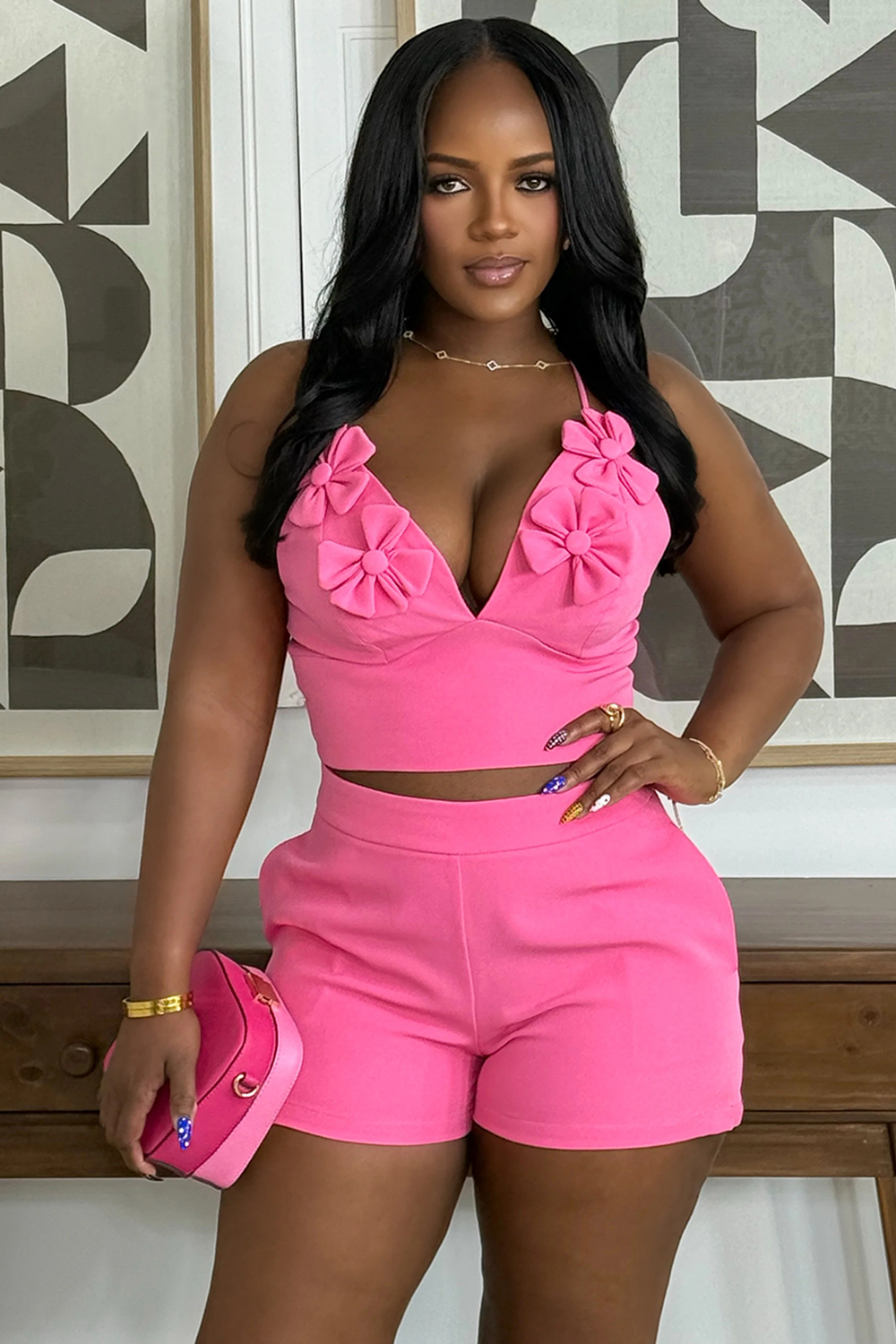 Floral halter neck ♡ pink Halter Neck 3D Floral Crop Top Tight Shorts Casual 2pcs Set-Pink