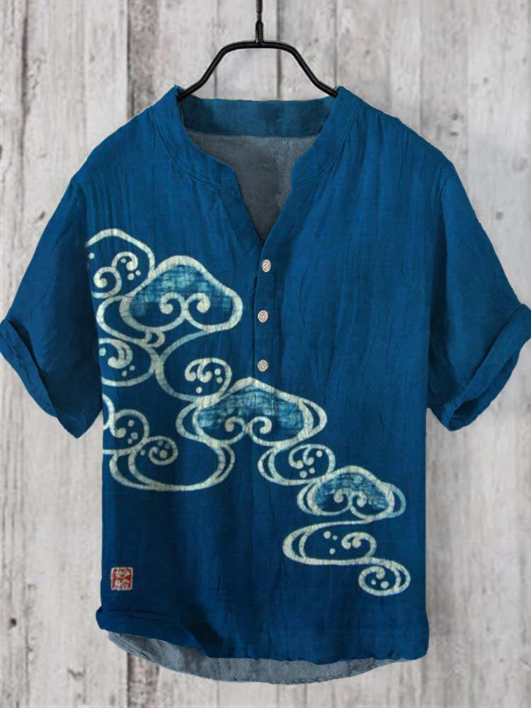 Comstylish Japanese Ripple Pattern Linen V-Neck Shirt