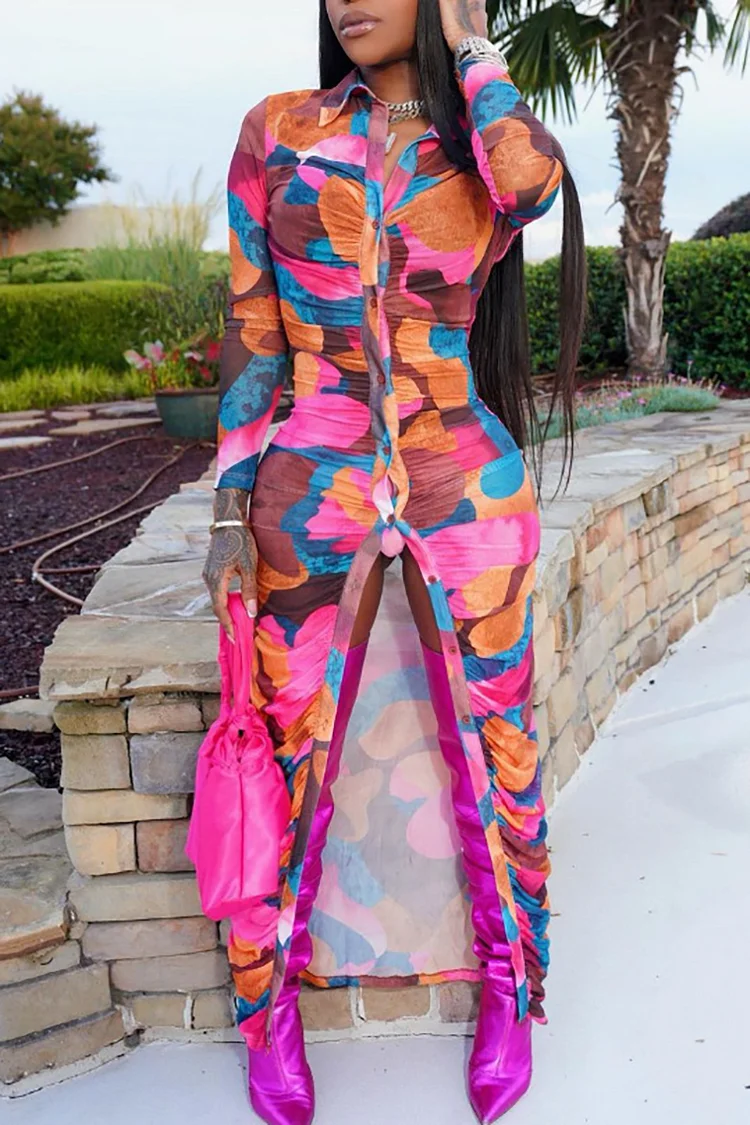 Multicolored Pattern Print Button Long Sleeve High Slit Ruched Blouse Maxi Dresses