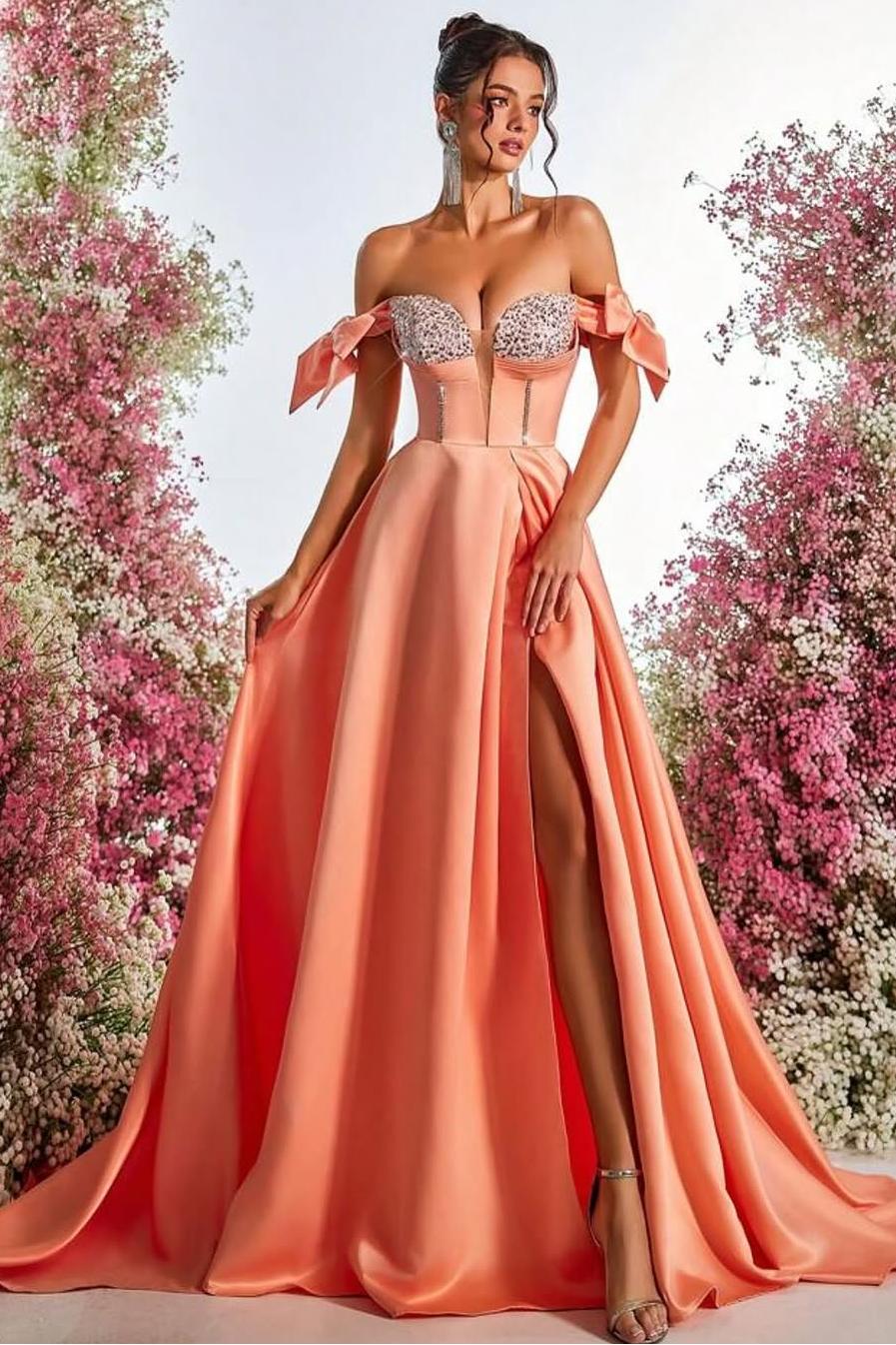 Lussooy Coral Satin Elegant Strapless Off the Shoulder Long Split Prom Dress with Beadings