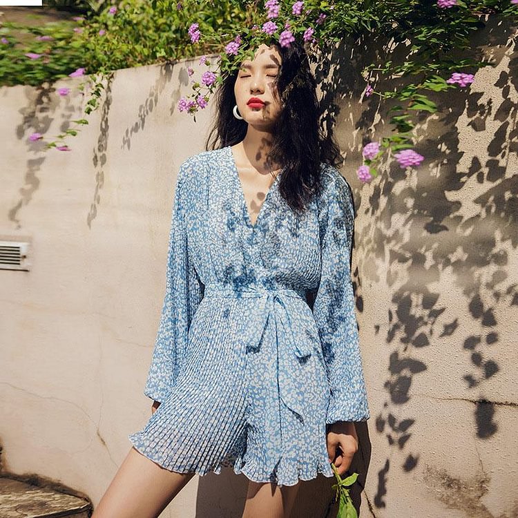 Floral Print V-Collar Chiffon Romper P11951