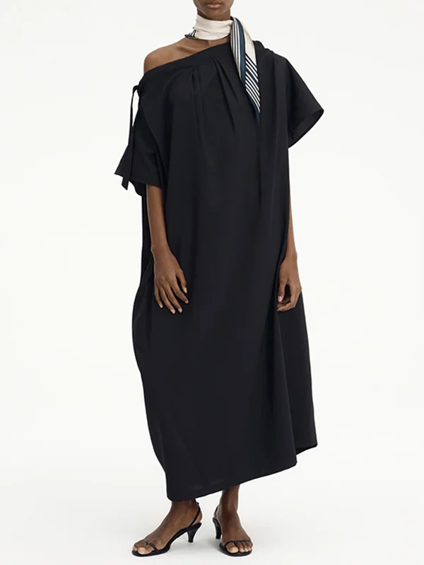Original Roomy Pure Color Pleated Drawstring With Scarf Round-Neck Short Sleeves Midi Dress