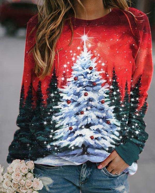Women Fashion Christmas Tree Casual Sweatshirt Tops