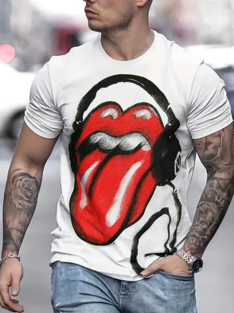 Comstylish Music Rolling Stones Lips Print Men's Short Sleeve T-Shirt