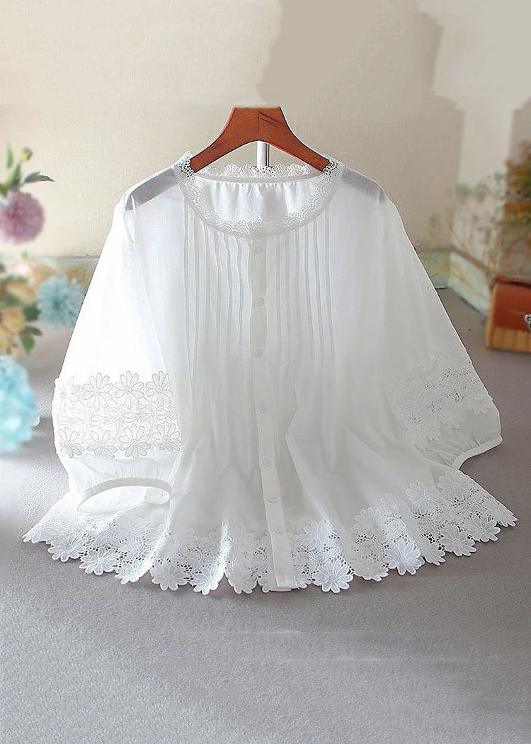 Women White Button Hollow Out Lace Patchwork Shirt Bracelet Sleeve Summer