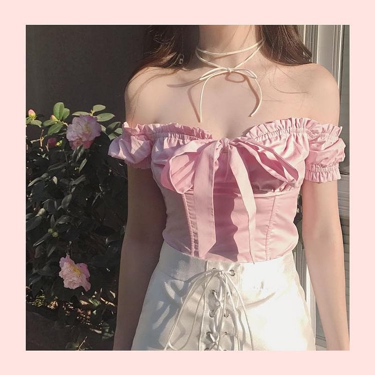 White/Pink/Red Falbala Off Shoulder Bow Top SP13724