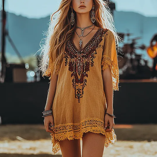 Music Festival Rock Rave Party Vintage Wasteland Ethnic Lace Tassel Floral Linen Dress