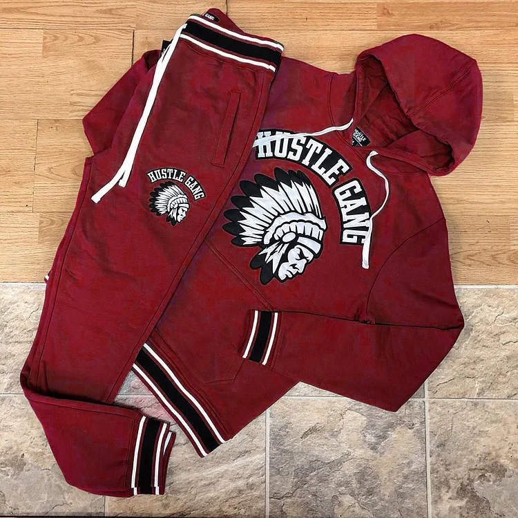 Fashionable red hustle gang printed hooded suit