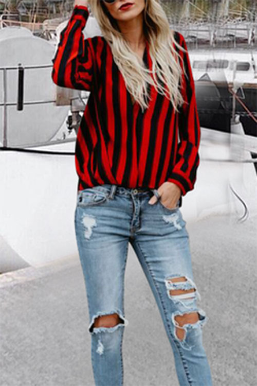 Fashion Striped Red Shirt Long Sleeves - Shop Trendy Women's Clothing | LoverChic