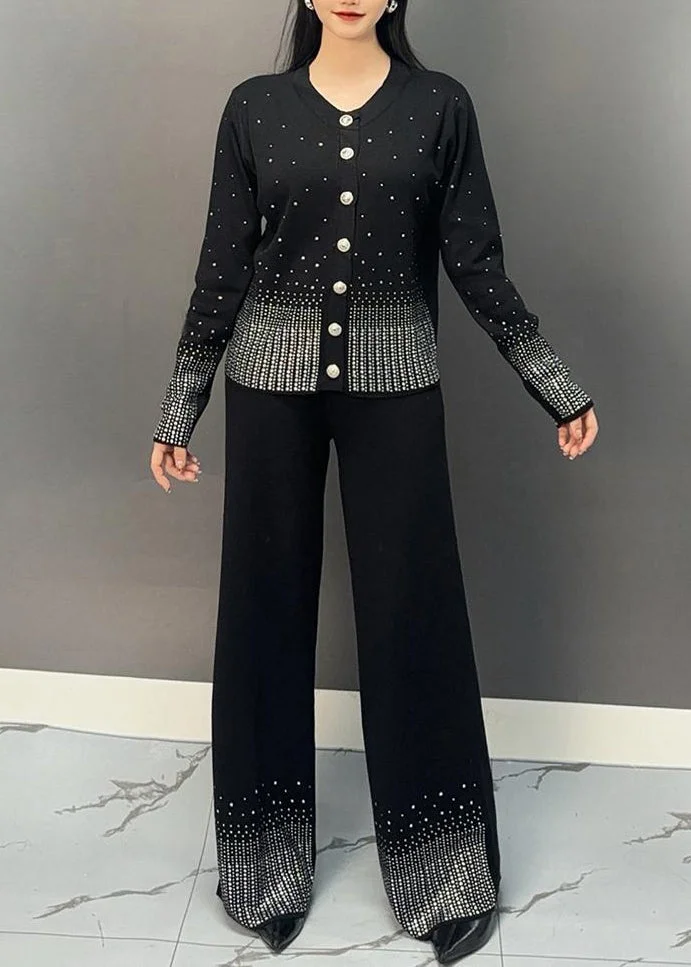 Classy Black V Neck Dot Print Knit Top And Wide Leg Pants Two Pieces Set Spring