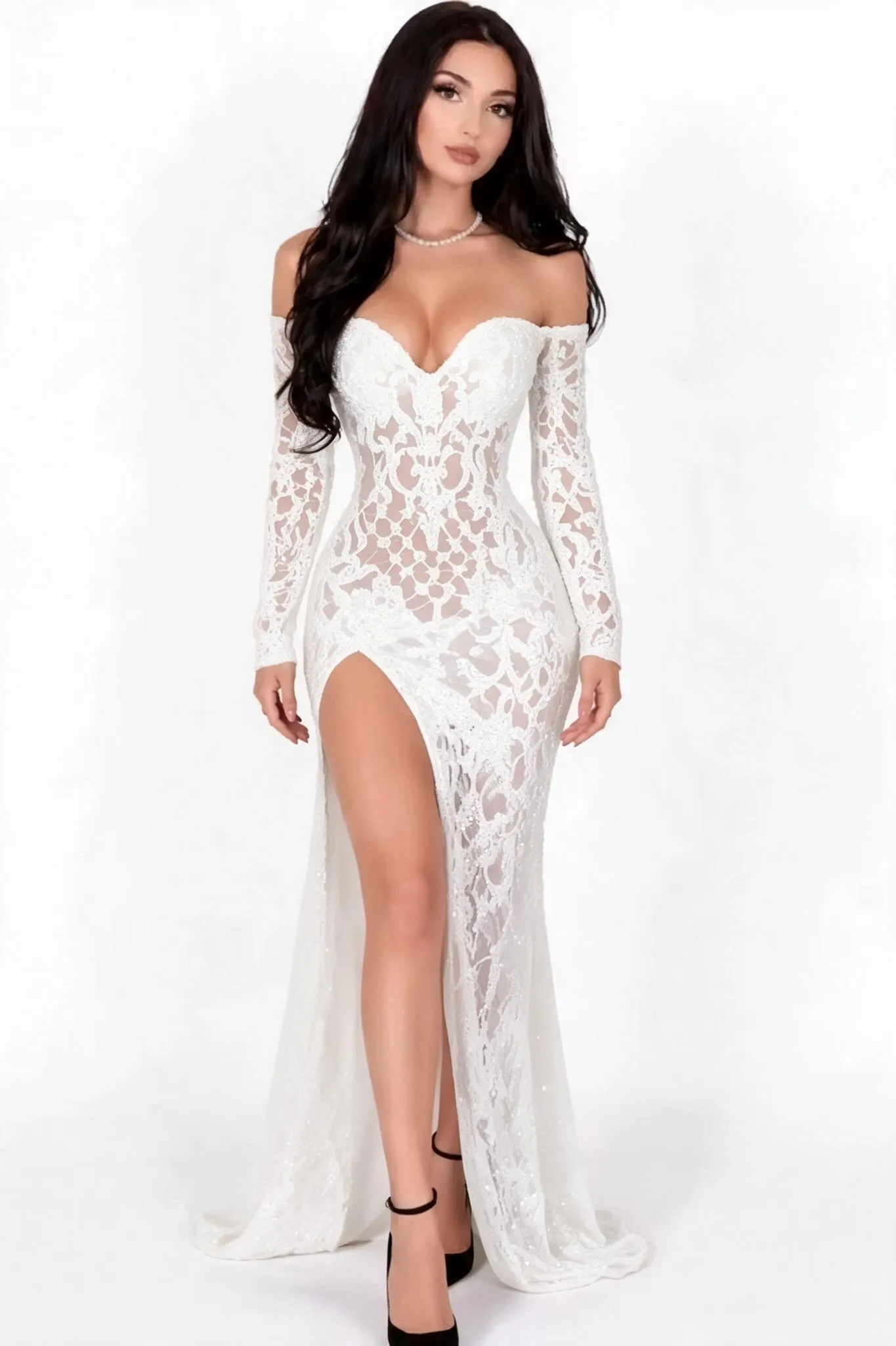 Daisda Charming Black Long Sleeves Sweetheart Sequins Prom Dress With Split