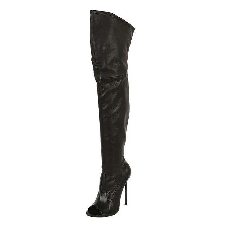 Black Stiletto Boots Peep Toe Over the Knee Boots for Women |FSJ Shoes