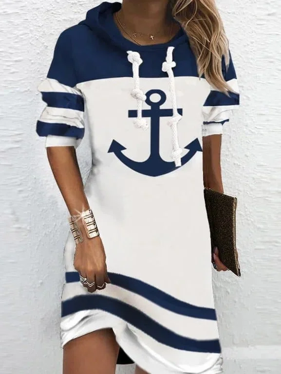 Anchor Long Sleeve Printed Hoodie Dress