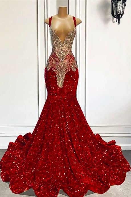 Luluslly Red Square Mermaid Evening Dress Beads Sequins Long Sleeveless