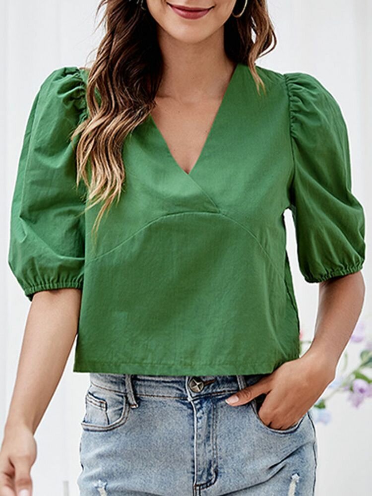 Solid Color V neck Puff Half Sleeve Women Casual T Shirt P1847305