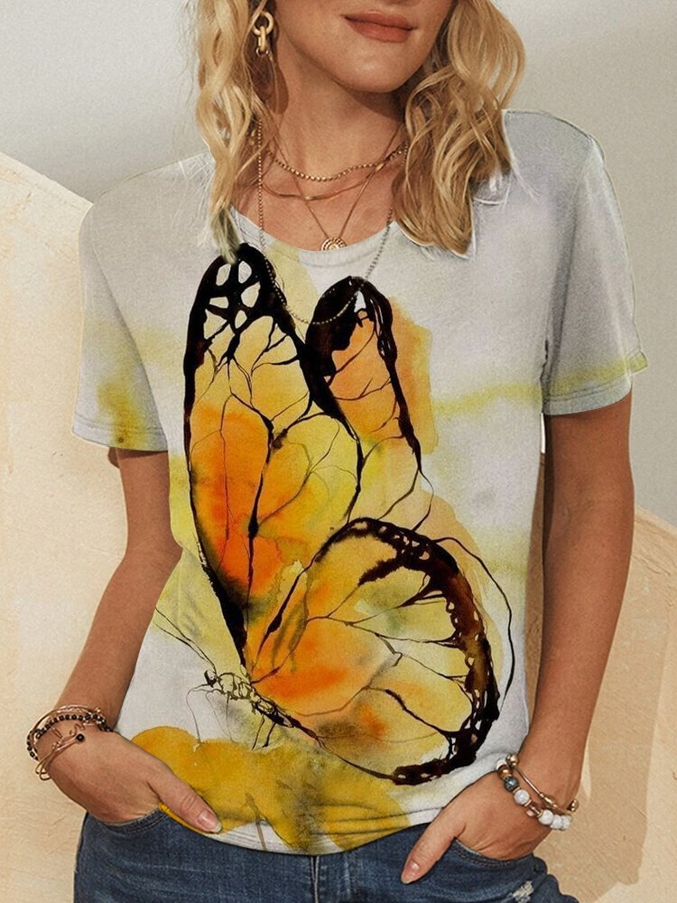 Butterfly Print O neck Short Sleeve T shirt For Women P1818682