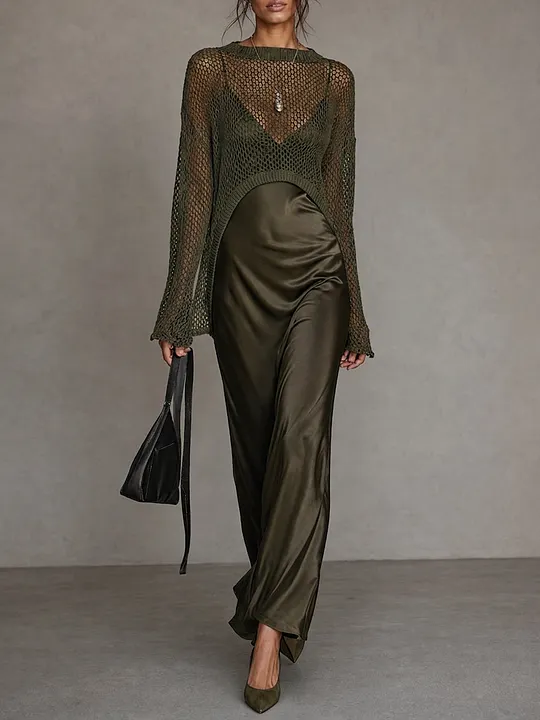 Women's Minimalist Satin Camisole Dress And Knit Cover-up Set
