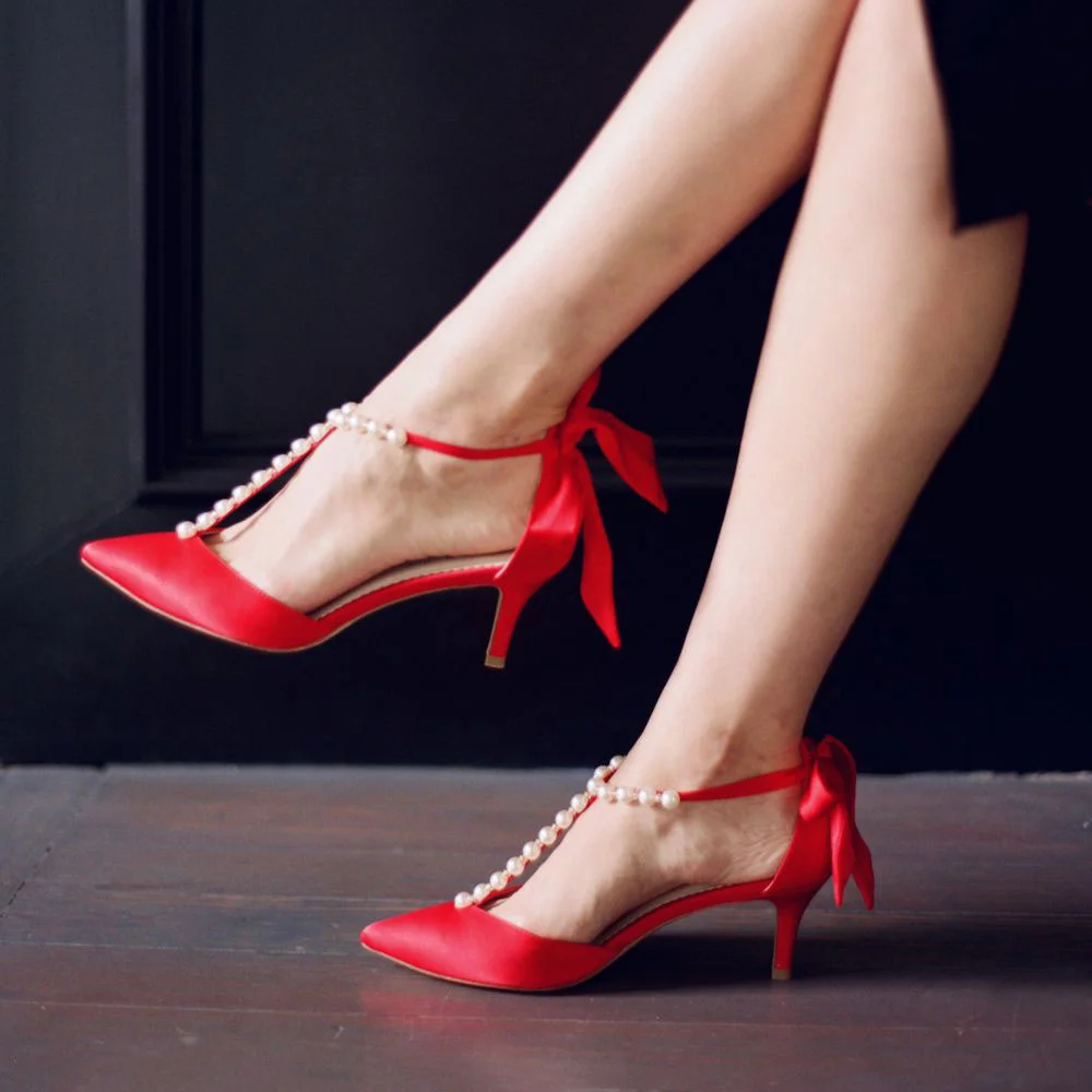 Red Satin Pointed Toe Pearls Crystal Rings T-Strappy Bow Pumps With Kitten Heels Nicepairs