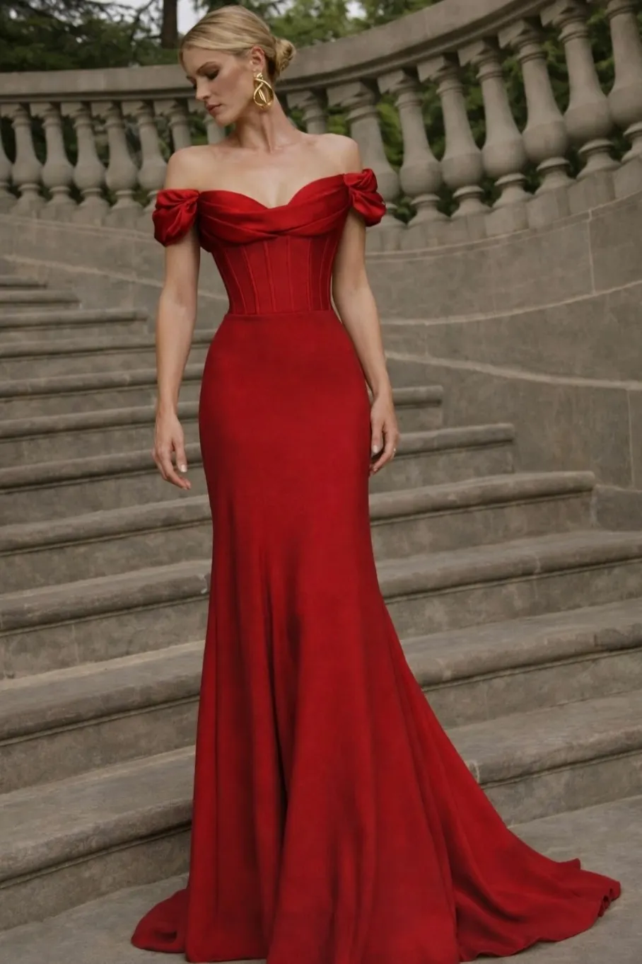 Satin V-Neck Off-The-Shoulder Strapless Sleeveless High-Waisted Long Mermaid Prom Dress With Pleated | YC0469 Wellcucu