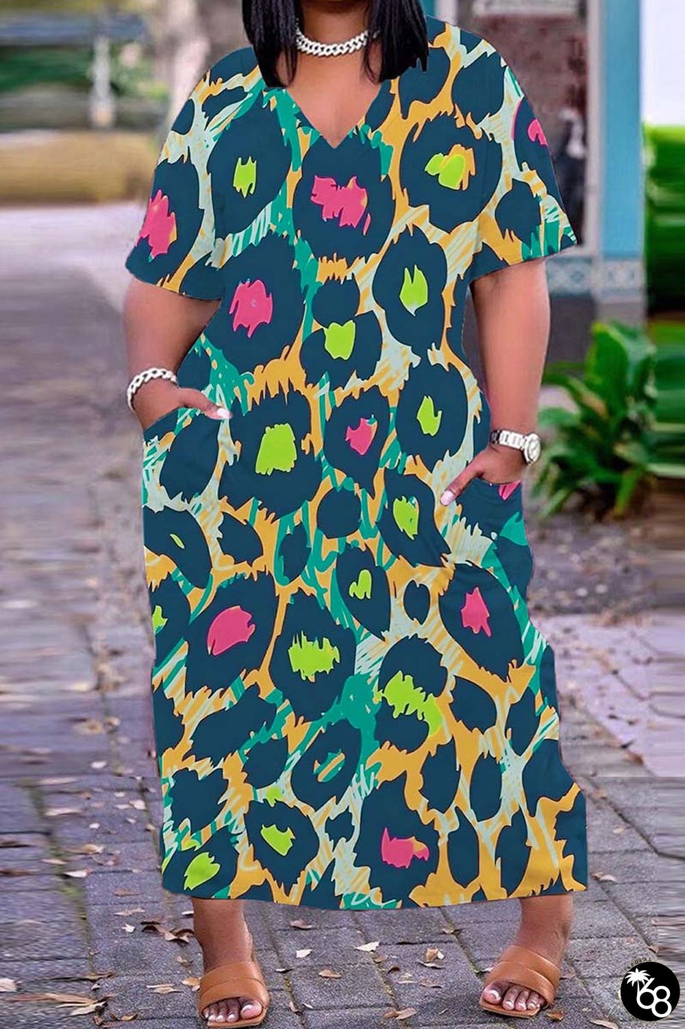 Navy Blue Casual Print Patchwork V Neck Short Sleeve Dress Dresses | 168DEAL