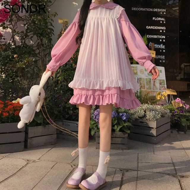Kawaii Lolita Ruffles Puff Sleeve Round Collar Sweet Princess Dress BE252