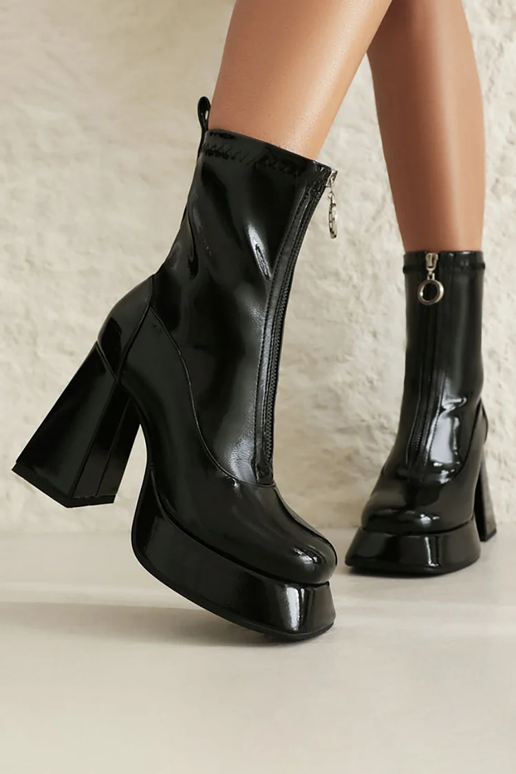 PU Leather Platform Zipper Square Toe Chunky Heels Mid Calf Boots