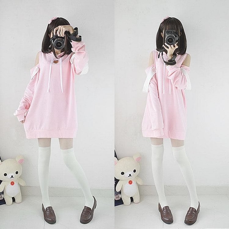 Black/Pink Cat Cut Out Hollow Chest Cat Ears Hoodie Sweater S12879