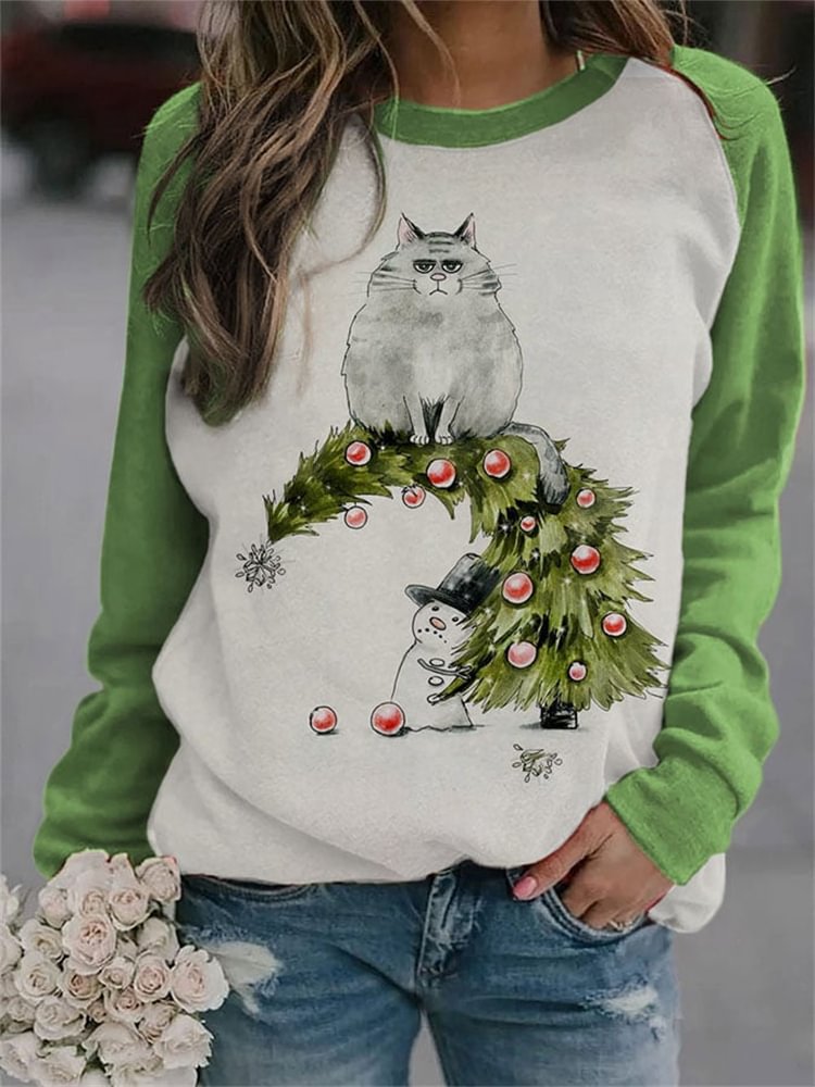 Christmas Tree Cat Snowman Print Sweatshirt
