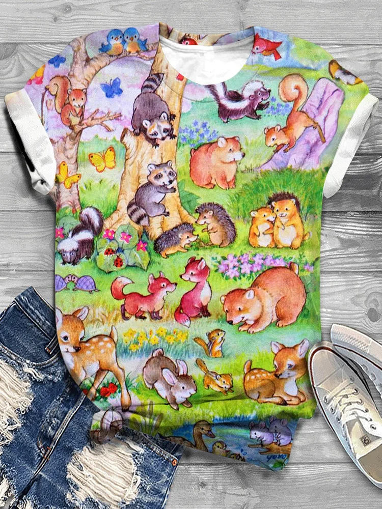 Spring Forest Animals Crew Neck T-shirt