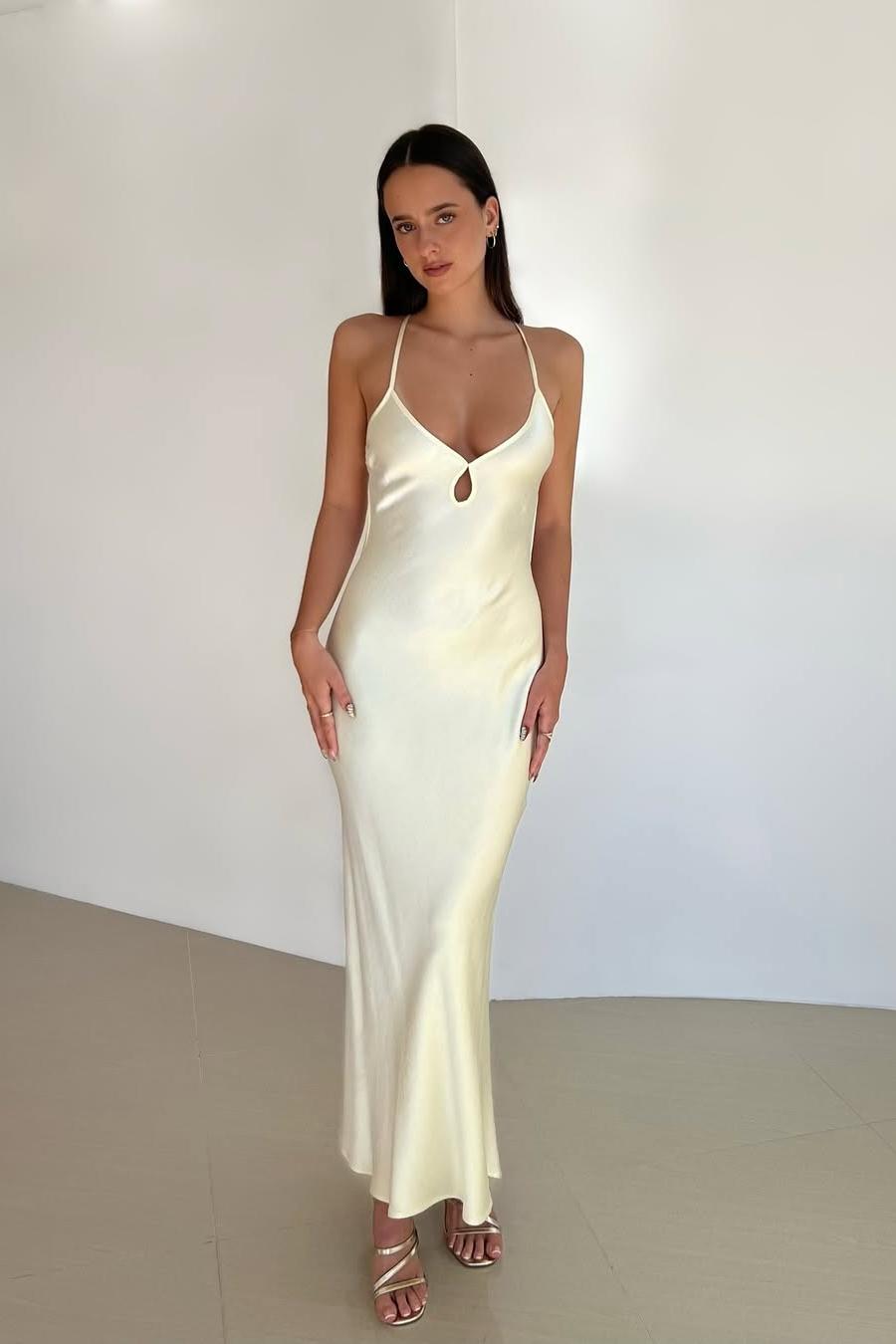 Lussooy Cream White Simple Satin Sleeveless Halter V Neck Long Slim Prom Dress
