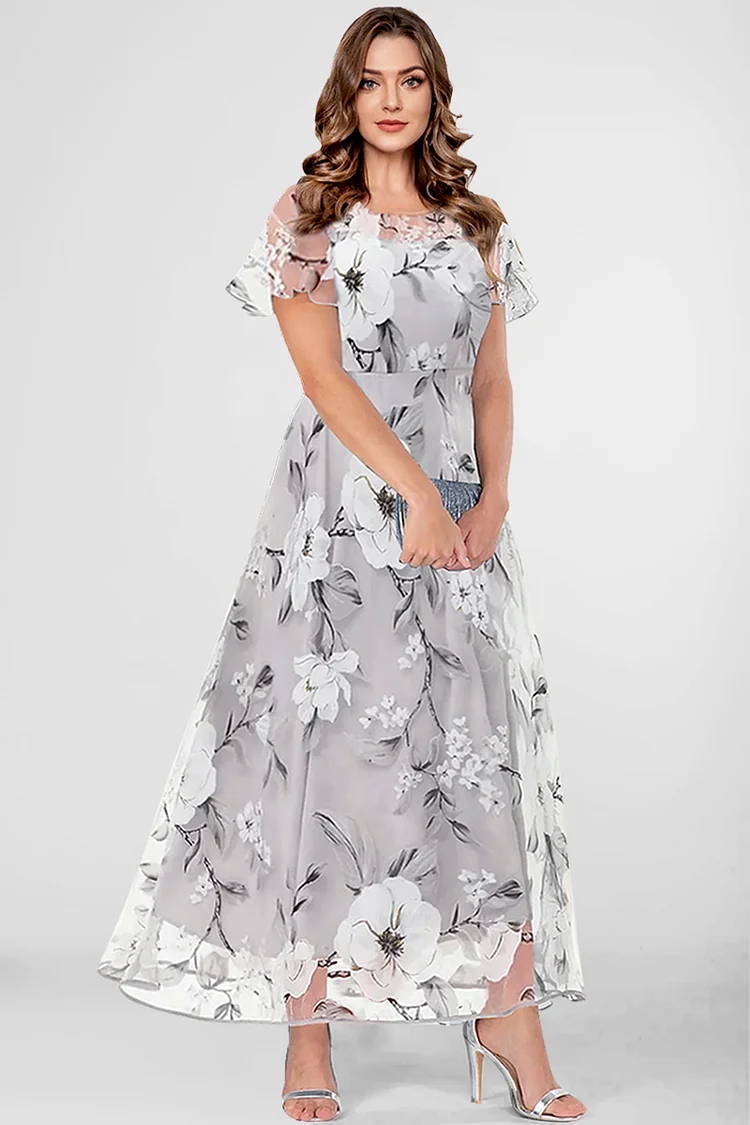 Flycurvy Plus Size Mother Of The Bride Light Grey Organza Floral Print Double Layer Tunic Maxi Dress  Flycurvy [product_label]