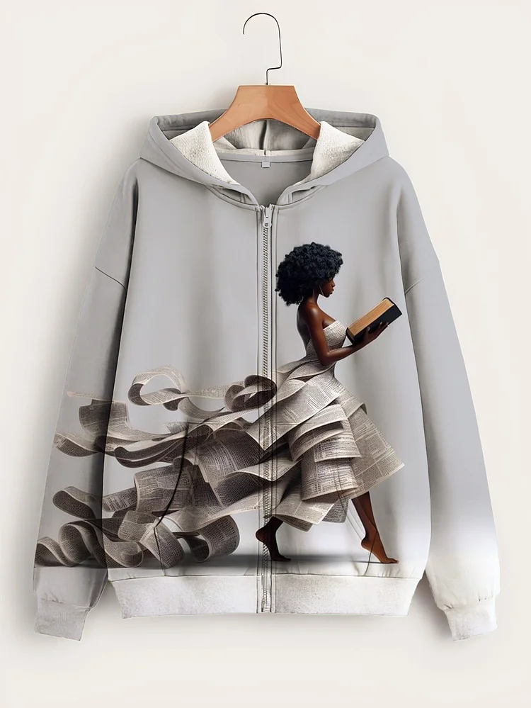 Women's Reading Lover Print Hooded Zip Up Jacket