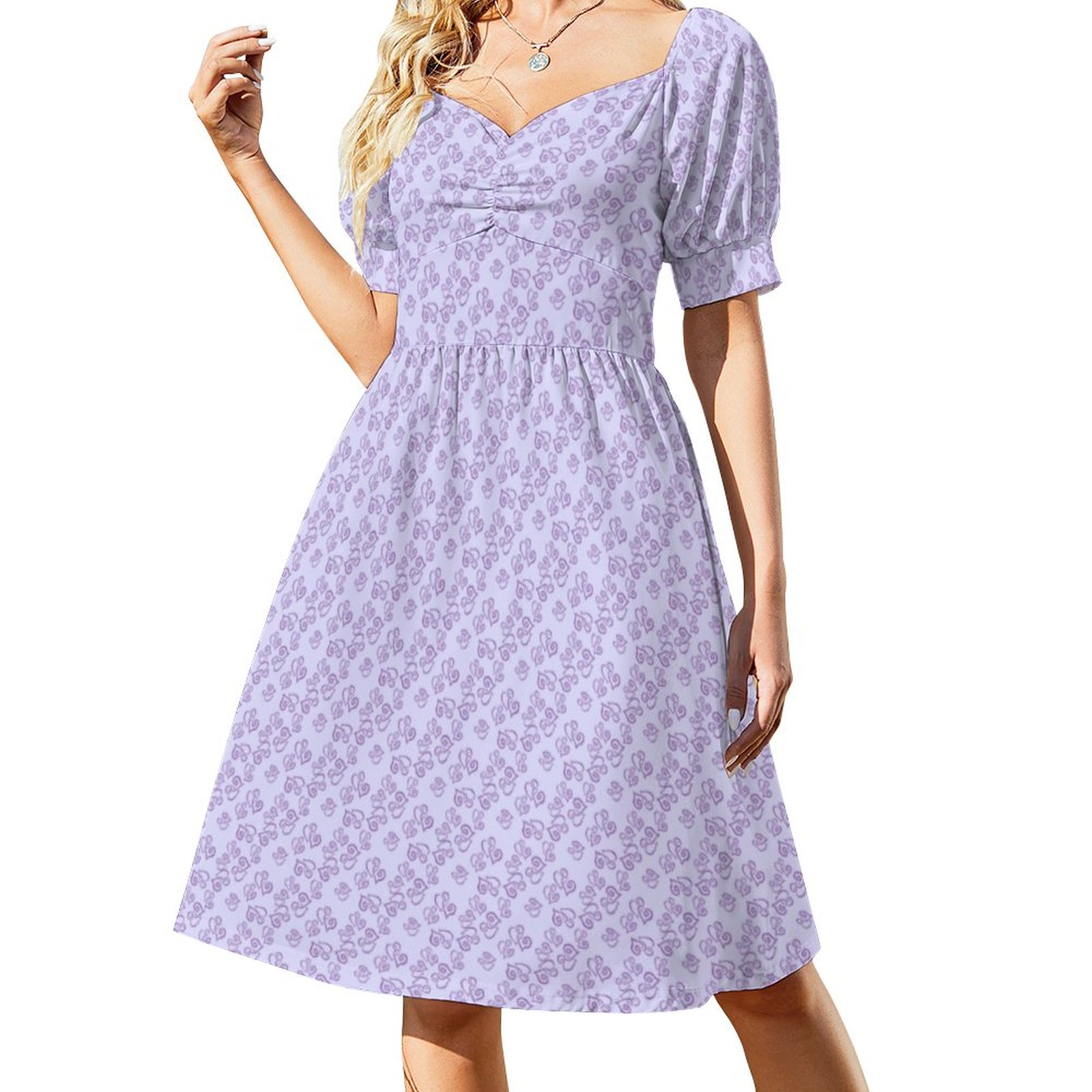Small Purple Hearts Pattern Over Pastel Purple Dress Women Boho High Waist Flared Puff Sleeve Cute Sweetheart Midi Dress Heart-S