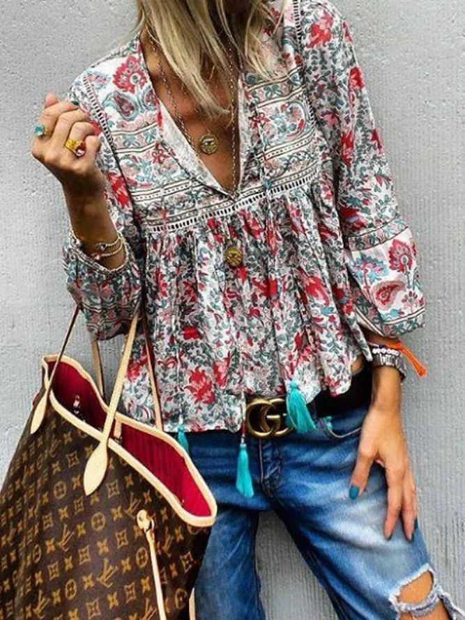 Boho Vintage V Neck Blouses Zaesvini