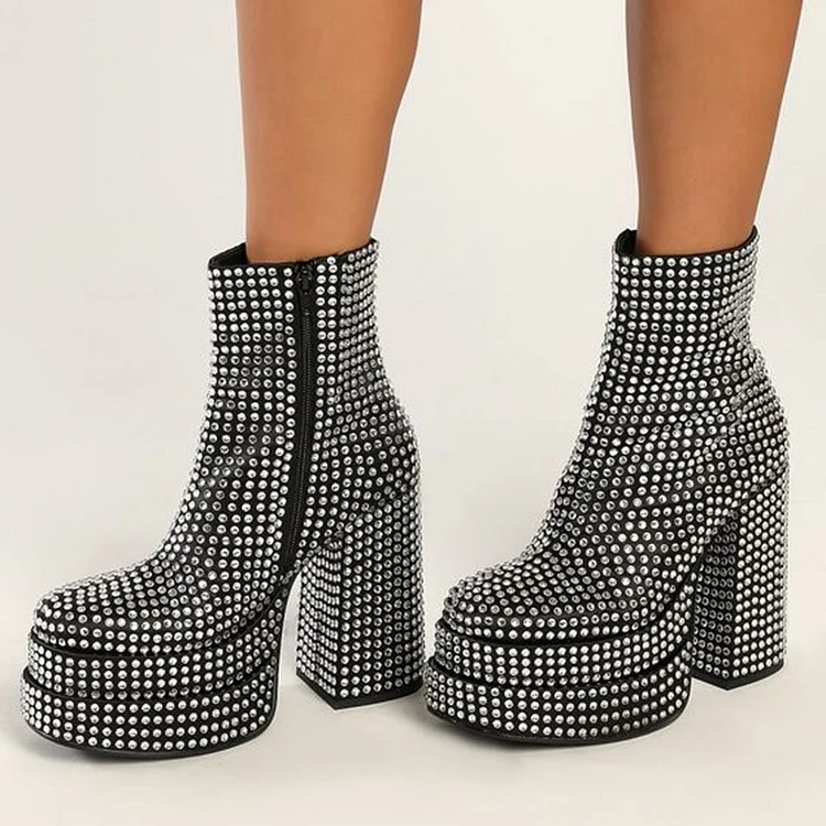 Black Platform Ankle Boots Square Toe Rhinestones Chunky Heels |FSJ Shoes
