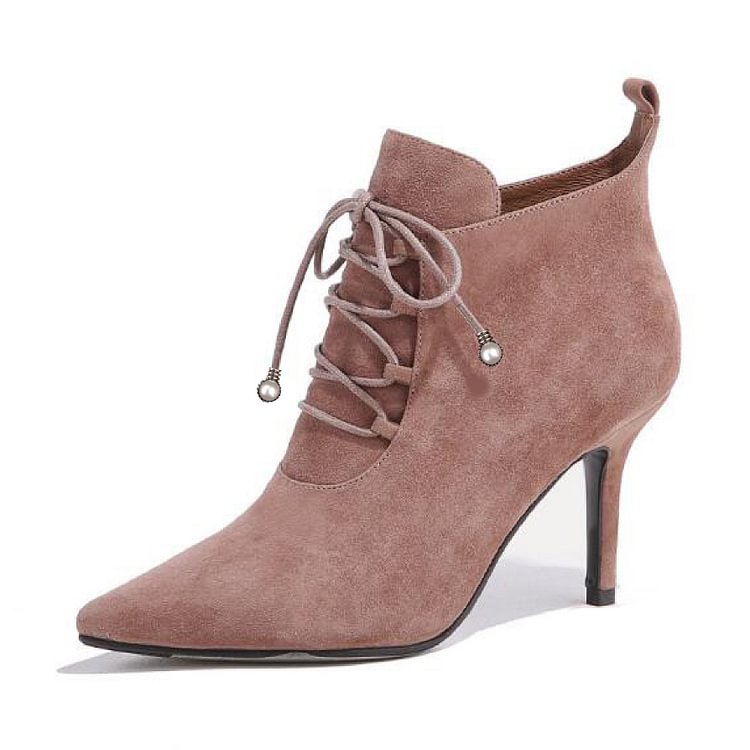 Old Pink Suede Lace up Boots Pointy Toe Stiletto Heel Ankle Booties |FSJ Shoes