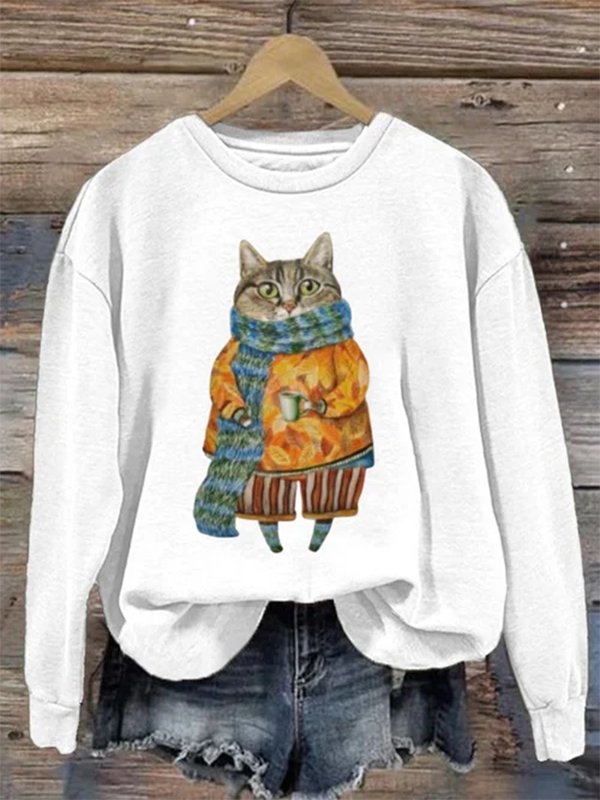 Women's Cute Stripe Scarf Cat Graphic Print Sweatshirt